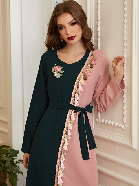 Beautiful Retro Green Powder Hit Color Tassels Handmade Flowers Rhinestones Long-sleeved Muslim Long Skirt Women's Clothing Robe