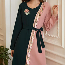 Load image into Gallery viewer, Beautiful Retro Green Powder Hit Color Tassels Handmade Flowers Rhinestones Long-sleeved Muslim Long Skirt Women&#39;s Clothing Robe