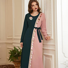 Load image into Gallery viewer, Beautiful Retro Green Powder Hit Color Tassels Handmade Flowers Rhinestones Long-sleeved Muslim Long Skirt Women&#39;s Clothing Robe