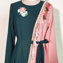 Load image into Gallery viewer, Beautiful Retro Green Powder Hit Color Tassels Handmade Flowers Rhinestones Long-sleeved Muslim Long Skirt Women&#39;s Clothing Robe