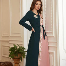 Load image into Gallery viewer, Beautiful Retro Green Powder Hit Color Tassels Handmade Flowers Rhinestones Long-sleeved Muslim Long Skirt Women&#39;s Clothing Robe