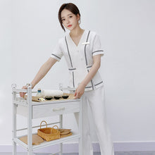Load image into Gallery viewer, Beauty Salon Beautician White Work Uniforms Sauna Foot Bath Waitress V Neck Wokwear Sets Spa Massage Short Sleeve Uniforms Suits