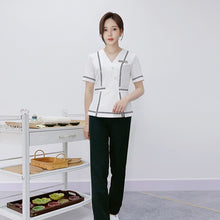 Load image into Gallery viewer, Beauty Salon Beautician White Work Uniforms Sauna Foot Bath Waitress V Neck Wokwear Sets Spa Massage Short Sleeve Uniforms Suits