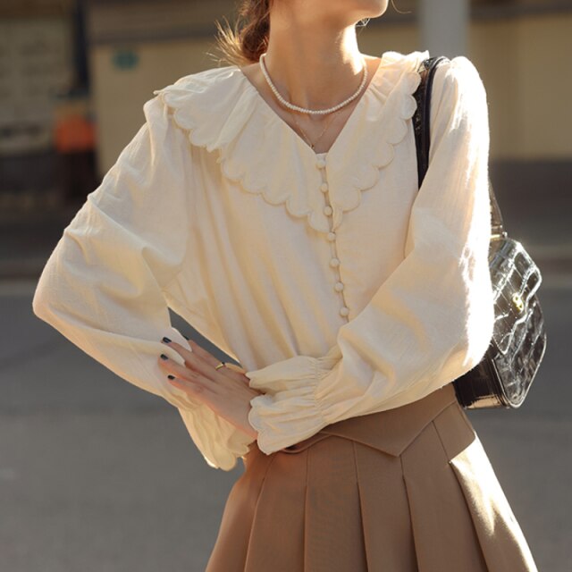 Beige Jacquard Shirt Women's Spring Autumn New French Retro Design Chic Long Sleeved Women Blouse Elegant Sweet Casual Blusas