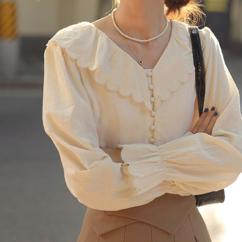 Beige Jacquard Shirt Women's Spring Autumn New French Retro Design Chic Long Sleeved Women Blouse Elegant Sweet Casual Blusas