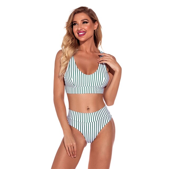 Bikini 2021 Closed Swimsuit Striped Solid Color Beachwear Bandeau Bathing Suit U Neck Strapless