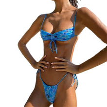 Load image into Gallery viewer, Bikini Swimsuit Beachwear Blue Butterfly Pattern Sling Sexy Tie Backless Swimsuit Sports String High Waist