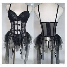 Load image into Gallery viewer, Black Bodycon Jumpsuit Thong Lingerie Women&#39;s Bustier Sexy Lace Corset Mesh Transparent Sleepwear Garter Belt Corset Skirt Suit