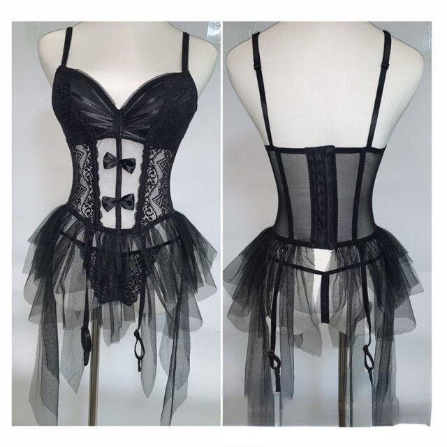 Black Bodycon Jumpsuit Thong Lingerie Women's Bustier Sexy Lace Corset Mesh Transparent Sleepwear Garter Belt Corset Skirt Suit