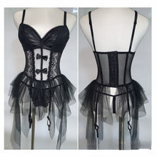 Load image into Gallery viewer, Black Bodycon Jumpsuit Thong Lingerie Women&#39;s Bustier Sexy Lace Corset Mesh Transparent Sleepwear Garter Belt Corset Skirt Suit