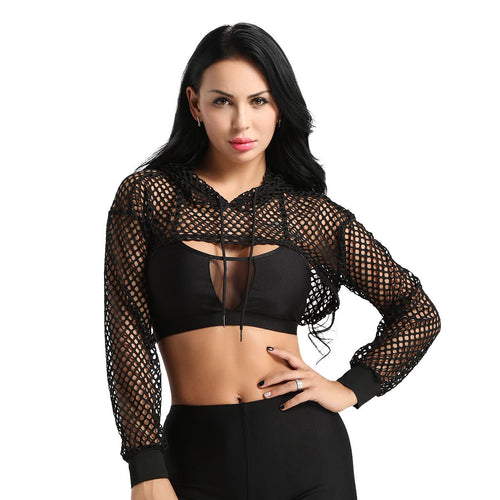 Black Hoodies for Women 2020 Hollow Out Crop Tops Mesh Fishnet Short Sweatshirt Long Sleeve Summer Tops and Pullovers Shirts