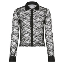 Load image into Gallery viewer, Black Lace Mesh Cropped Tee Shirt Women Summer Transparent Sexy Long Sleeve T-shirt Harajuku Gothic Casual Tshirts 2022 New