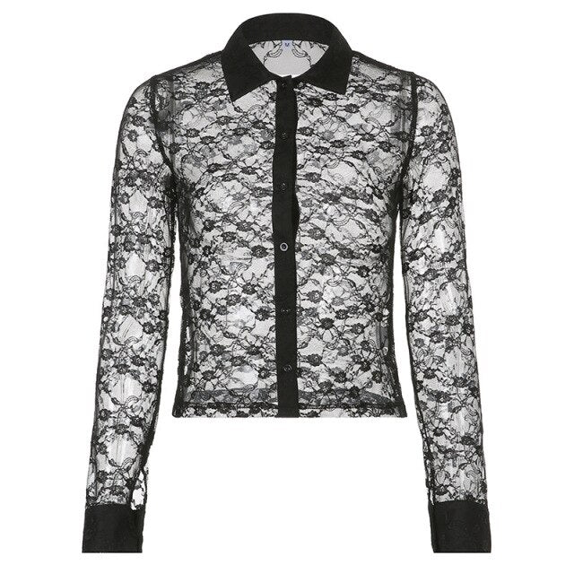 Black Lace Mesh Cropped Tee Shirt Women Summer Transparent Sexy Long Sleeve T-shirt Harajuku Gothic Casual Tshirts 2022 New