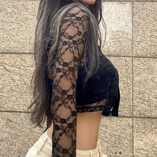 Load image into Gallery viewer, Black Lace Mesh Cropped Tee Shirt Women Summer Transparent Sexy Long Sleeve T-shirt Harajuku Gothic Casual Tshirts 2022 New