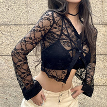 Load image into Gallery viewer, Black Lace Mesh Cropped Tee Shirt Women Summer Transparent Sexy Long Sleeve T-shirt Harajuku Gothic Casual Tshirts 2022 New