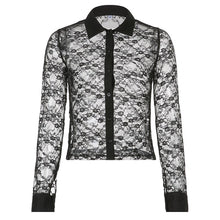 Load image into Gallery viewer, Black Lace Mesh Cropped Tee Shirt Women Summer Transparent Sexy Long Sleeve T-shirt Harajuku Gothic Casual Tshirts 2022 New