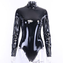 Load image into Gallery viewer, Black Long Sleeve PU Leather Bodysuit Slim Turtleneck Seamless Sexy Playsuit Women Nightclub Party Bottomshirt Latex Jumpsuit