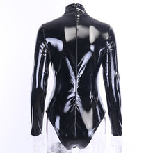 Load image into Gallery viewer, Black Long Sleeve PU Leather Bodysuit Slim Turtleneck Seamless Sexy Playsuit Women Nightclub Party Bottomshirt Latex Jumpsuit