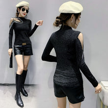 Load image into Gallery viewer, Black Long-Sleeved Turtleneck Women&#39;s T-Shirt New 2021 Autumn Winter Hollow Out Diamonds Mesh Tops Plus Size Clothing