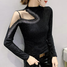 Load image into Gallery viewer, Black Long-Sleeved Turtleneck Women&#39;s T-Shirt New 2021 Autumn Winter Hollow Out Diamonds Mesh Tops Plus Size Clothing