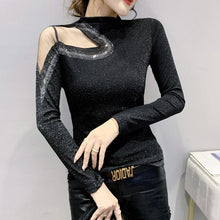 Load image into Gallery viewer, Black Long-Sleeved Turtleneck Women&#39;s T-Shirt New 2021 Autumn Winter Hollow Out Diamonds Mesh Tops Plus Size Clothing