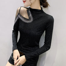 Load image into Gallery viewer, Black Long-Sleeved Turtleneck Women&#39;s T-Shirt New 2021 Autumn Winter Hollow Out Diamonds Mesh Tops Plus Size Clothing