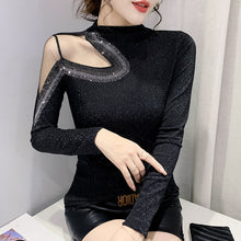 Load image into Gallery viewer, Black Long-Sleeved Turtleneck Women&#39;s T-Shirt New 2021 Autumn Winter Hollow Out Diamonds Mesh Tops Plus Size Clothing