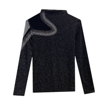 Load image into Gallery viewer, Black Long-Sleeved Turtleneck Women&#39;s T-Shirt New 2021 Autumn Winter Hollow Out Diamonds Mesh Tops Plus Size Clothing