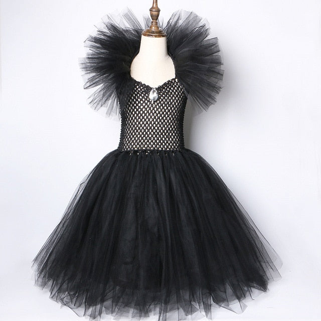 Black Maleficent Devil Halloween Costumes Kids Girls Tutu Dress Ankel Length Dresses Devil Costume Cosplay Outfits Horns Wings