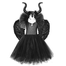 Load image into Gallery viewer, Black Maleficent Devil Halloween Costumes Kids Girls Tutu Dress Ankel Length Dresses Devil Costume Cosplay Outfits Horns Wings