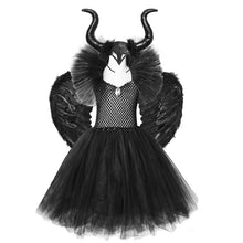 Load image into Gallery viewer, Black Maleficent Devil Halloween Costumes Kids Girls Tutu Dress Ankel Length Dresses Devil Costume Cosplay Outfits Horns Wings