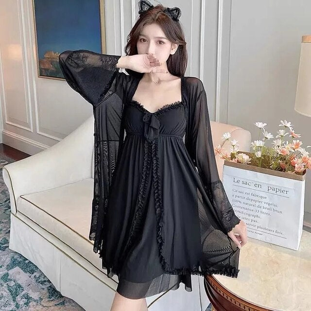 Black Mesh Pajama Sexy Lingerie Dress Bath Robe Nightdress Chest Pad Lace Retro Palace Fairy Two Piece Set Night Wear Women Set
