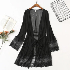 Black Mesh Pajama Sexy Lingerie Dress Bath Robe Nightdress Chest Pad Lace Retro Palace Fairy Two Piece Set Night Wear Women Set