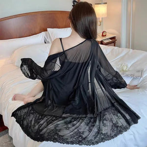 Black Mesh Pajama Sexy Lingerie Dress Bath Robe Nightdress Chest Pad Lace Retro Palace Fairy Two Piece Set Night Wear Women Set