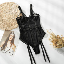 Load image into Gallery viewer, Black Onesie Bandage Jumpsuit with Garter Women Rompers Sexy Perspective Gauze Mesh Fashion Bodycon Bodysuit Clubwear