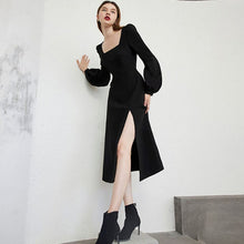 Load image into Gallery viewer, Black Retro Split Dress Women Elegant Midi Designer Dress Female Long Sleeve Hepburn Style Chiffon Vintage Dress Fall 2020 Women