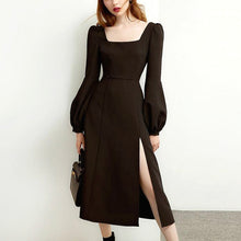Load image into Gallery viewer, Black Retro Split Dress Women Elegant Midi Designer Dress Female Long Sleeve Hepburn Style Chiffon Vintage Dress Fall 2020 Women