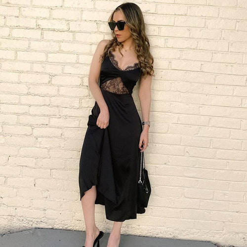 Black Sexy Dress for Women V Neck Sleeveless High Waist Mid Hollow Out Lace Pleated Solid Dresses Female Summer Clothes