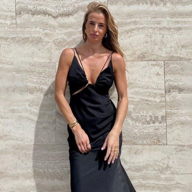 Black Sexy Spaghetti Strap Backless Summer Dress Women Off Shoulder Satin Long Dress Elegant Bodycon Party Dresses 2021 Sundress