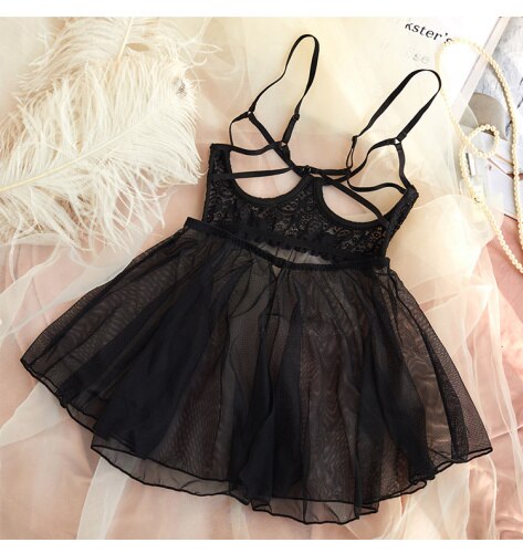 Black Sexy Womens Lingerie Nightgown Tulle Lace Gauze V-Neck Sleeping Dress Women Sleepwear Night Gown Nighty Home Clothes