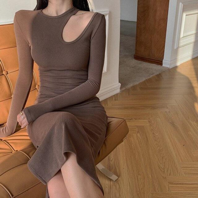 Black Slim Fit Dress Women Design Hollow Out Bodycon Elegant A Line Long Sleeve Vestidos Mujer Korean Style Chic Simple Robe