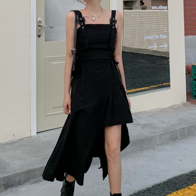 Black Spaghetti Strap Robe Goth Women Summer 2021 Elegant Sexy Party Irregular Gothic Long Dress Korean Style Clothes Vestidos