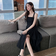 Load image into Gallery viewer, Black Suspender Dress 2021 New Design Sense Niche Irregular Strap Dress Mid-length Sexy Dress Suit