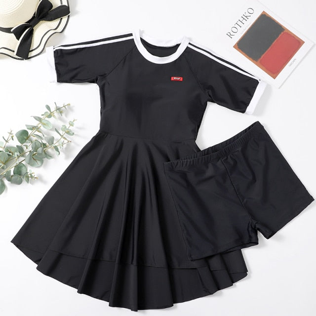 Black Swimwear 2021 Short Sleeve Swimming Suit for Women Tummy Control One Piece Swimsuit with Shorts Plus Size Bathing Suits