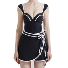 Load image into Gallery viewer, Black White Line Patchwork Women Two Piece Swimwear Sexy Bandage Beach Bathsuit Korea Style Push Up Swim Skirt