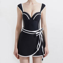 Load image into Gallery viewer, Black White Line Patchwork Women Two Piece Swimwear Sexy Bandage Beach Bathsuit Korea Style Push Up Swim Skirt