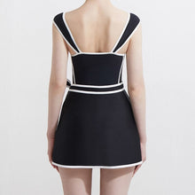 Load image into Gallery viewer, Black White Line Patchwork Women Two Piece Swimwear Sexy Bandage Beach Bathsuit Korea Style Push Up Swim Skirt