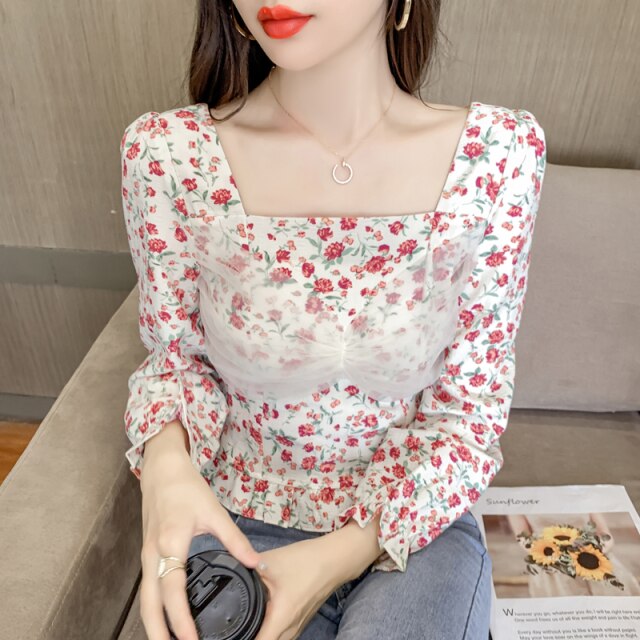 Blouse Women Autumn 2021 New Office Lady Korea French Style Long Sleeve Floral Print Blusas Womens Tops And Blouses