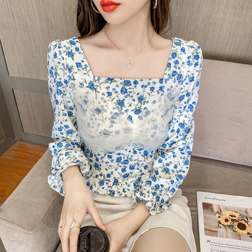 Blouse Women Autumn 2021 New Office Lady Korea French Style Long Sleeve Floral Print Blusas Womens Tops And Blouses