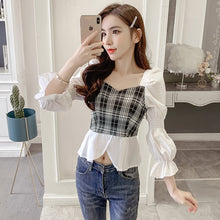 Load image into Gallery viewer, Blouse Women Autumn 2021 New Office Lady Patchwork Plaid Long Sleeve Square Collar Thin White Blusas Womens Tops And Blouses